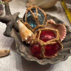 Antique Iron Shell Soap Dish Tray with Japanese glass fishing floats, Seashells